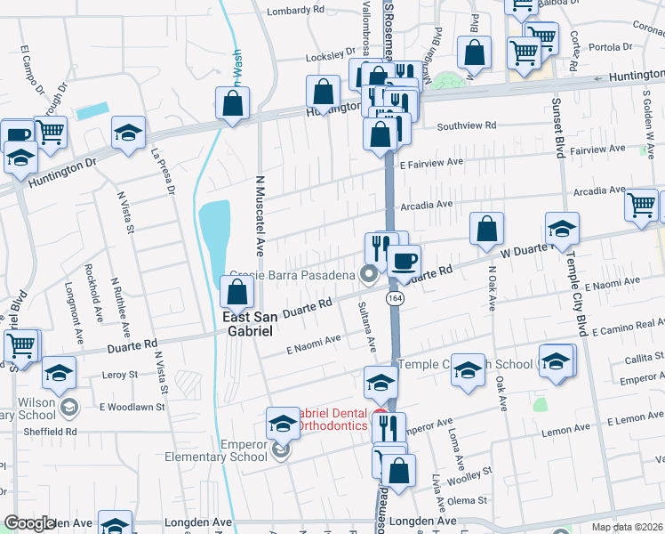map of restaurants, bars, coffee shops, grocery stores, and more near 8862 East Greenwood Avenue in San Gabriel