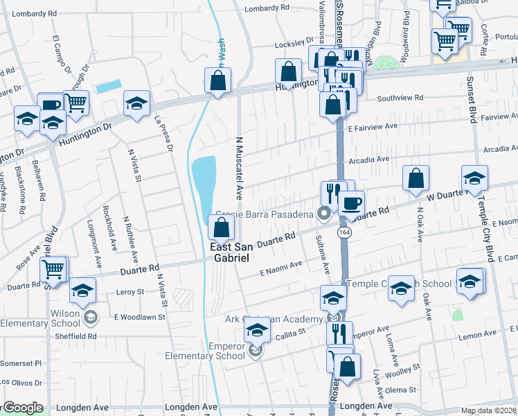 map of restaurants, bars, coffee shops, grocery stores, and more near 8717 East Greenwood Avenue in San Gabriel