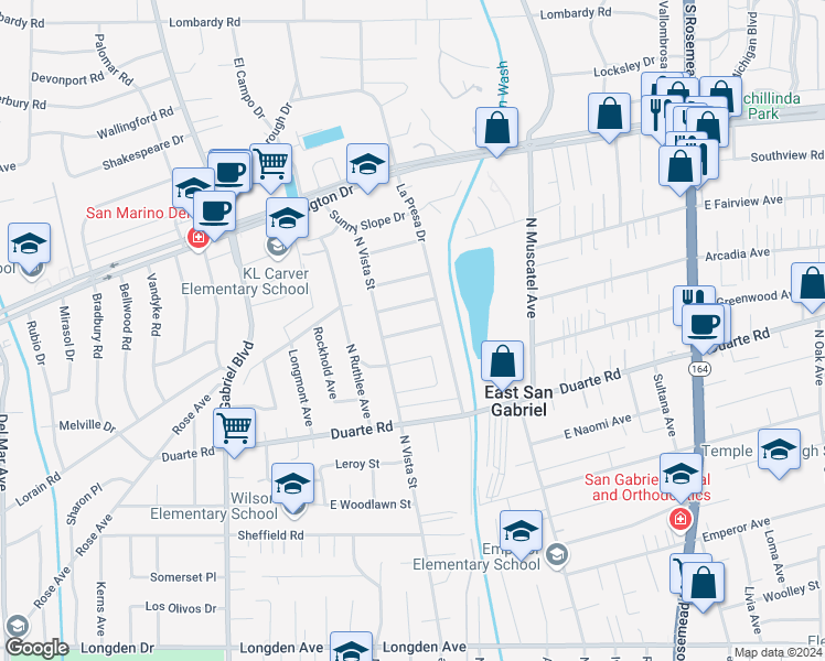 map of restaurants, bars, coffee shops, grocery stores, and more near 8514 Arcadia Avenue in San Gabriel