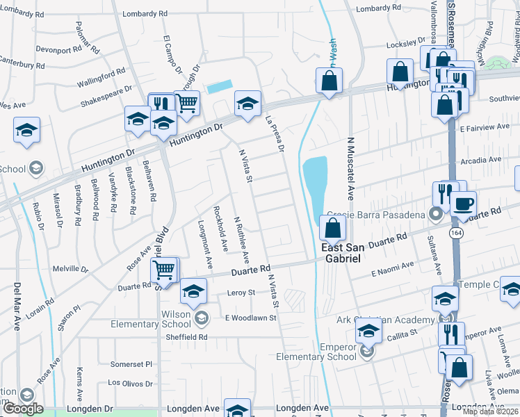 map of restaurants, bars, coffee shops, grocery stores, and more near 8514 Arcadia Avenue in San Gabriel