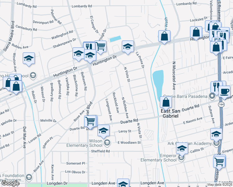 map of restaurants, bars, coffee shops, grocery stores, and more near 6832 Rockhold Avenue in San Gabriel