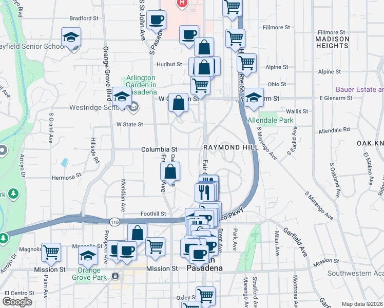 map of restaurants, bars, coffee shops, grocery stores, and more near 229 Grace Drive in South Pasadena