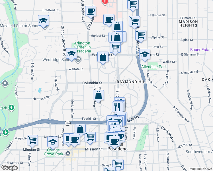 map of restaurants, bars, coffee shops, grocery stores, and more near 229 Grace Drive in South Pasadena