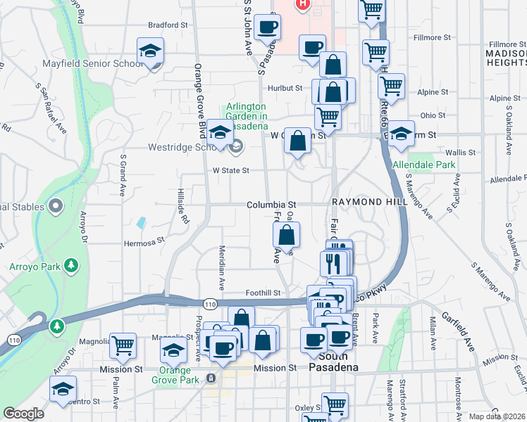 map of restaurants, bars, coffee shops, grocery stores, and more near 1109 Columbia Street in South Pasadena