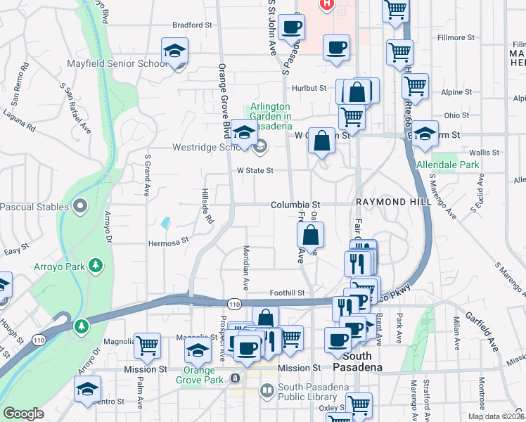 map of restaurants, bars, coffee shops, grocery stores, and more near 209 Beacon Avenue in South Pasadena