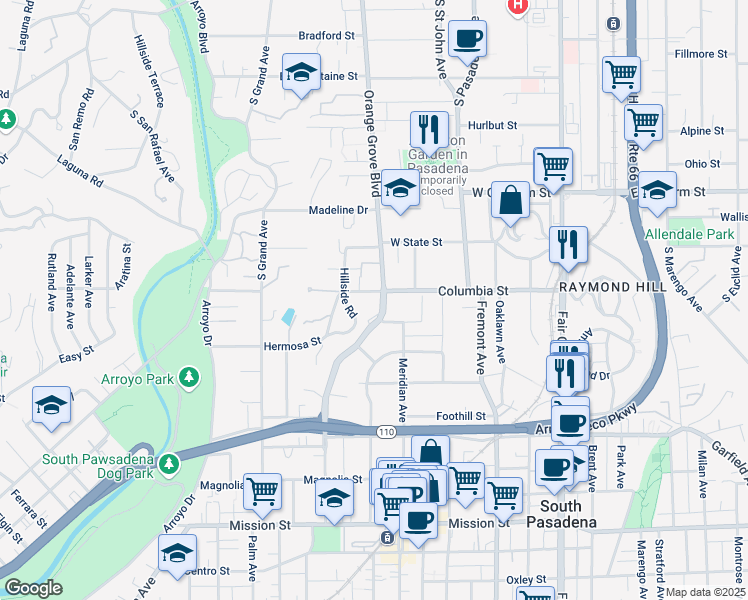 map of restaurants, bars, coffee shops, grocery stores, and more near 215 Orange Grove Boulevard in South Pasadena