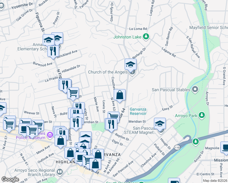 map of restaurants, bars, coffee shops, grocery stores, and more near 916 North Avenue 63 in Los Angeles