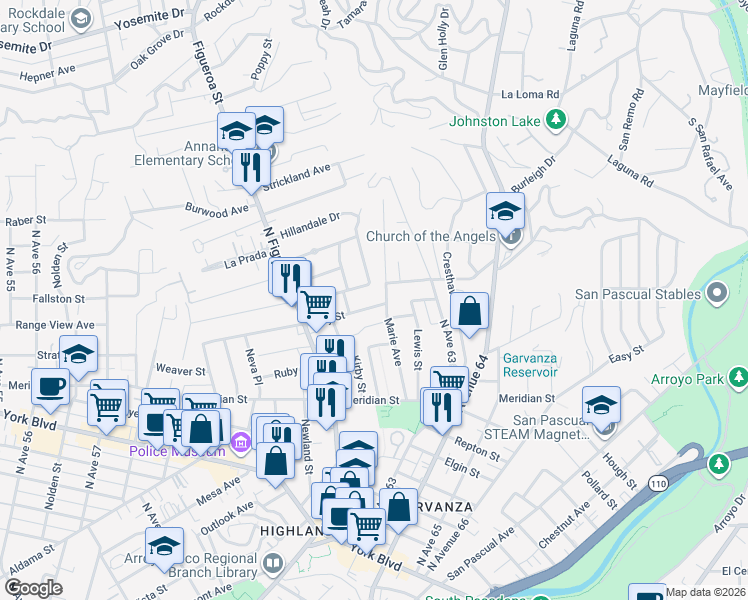 map of restaurants, bars, coffee shops, grocery stores, and more near 6233 Roy Street in Los Angeles