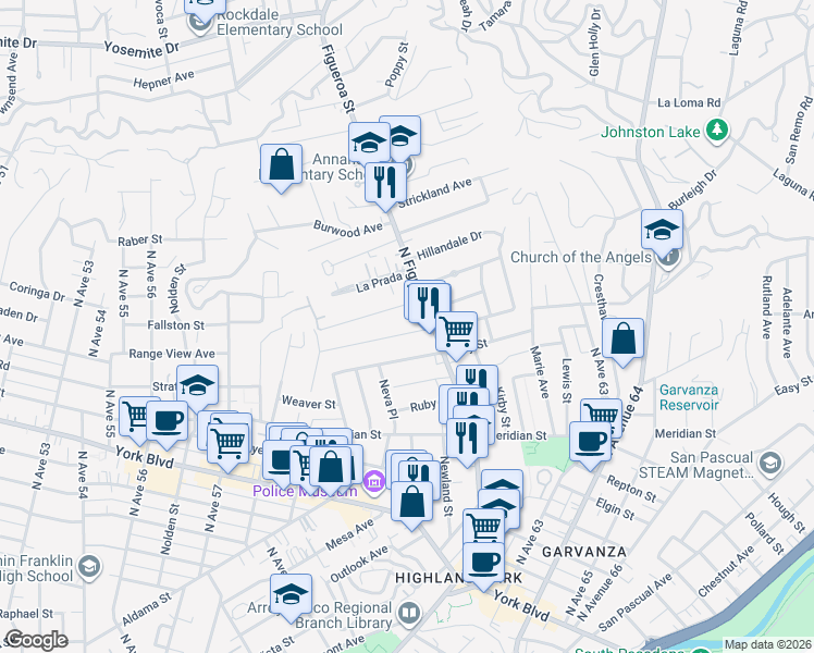 map of restaurants, bars, coffee shops, grocery stores, and more near 6131 Springvale Drive in Los Angeles