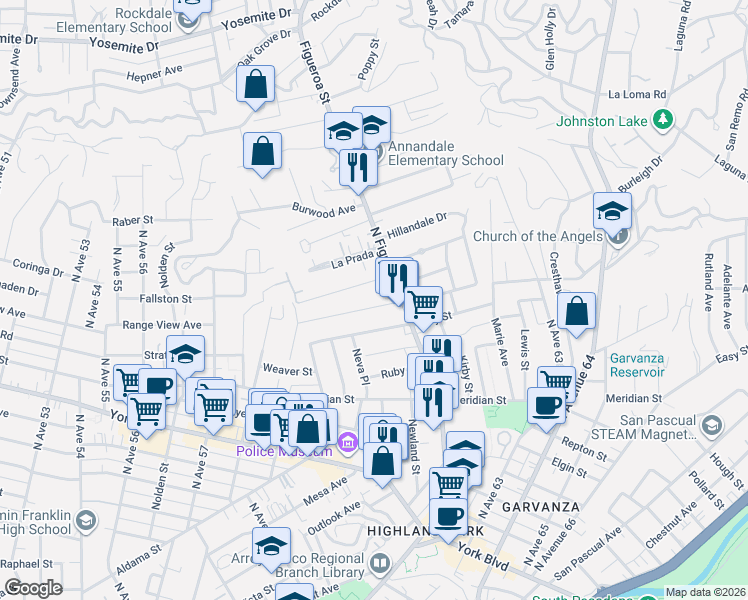map of restaurants, bars, coffee shops, grocery stores, and more near 6131 Springvale Drive in Los Angeles