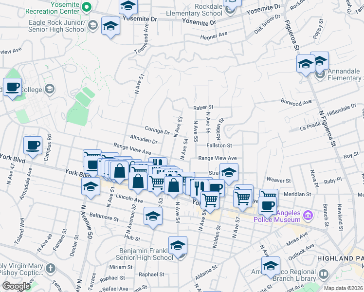 map of restaurants, bars, coffee shops, grocery stores, and more near 1630 North Avenue 54 in Los Angeles