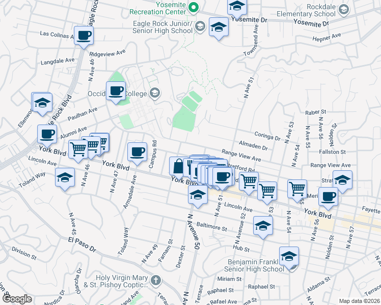 map of restaurants, bars, coffee shops, grocery stores, and more near 4929 Stratford Road in Los Angeles