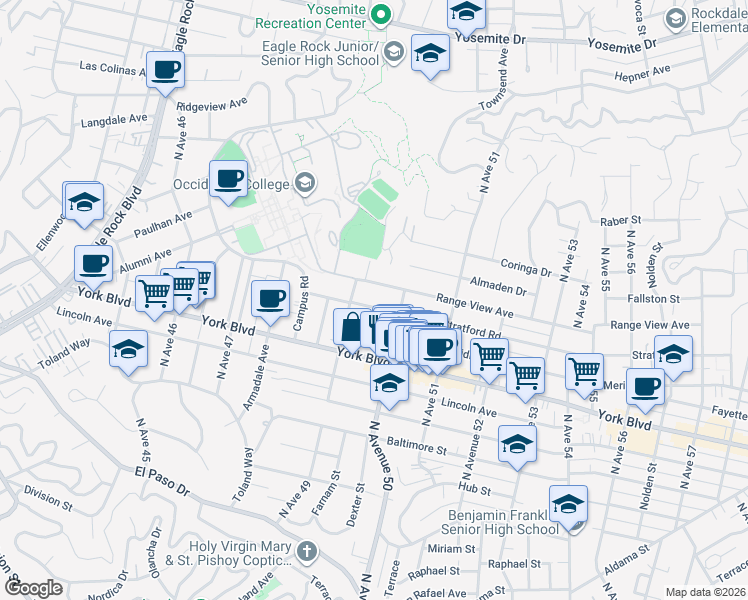 map of restaurants, bars, coffee shops, grocery stores, and more near 4929 Stratford Road in Los Angeles
