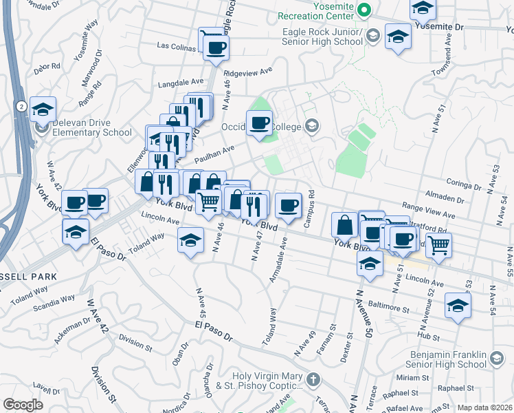 map of restaurants, bars, coffee shops, grocery stores, and more near 1526 North Avenue 47 in Los Angeles
