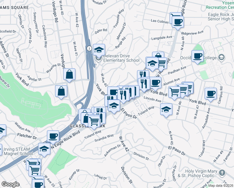 map of restaurants, bars, coffee shops, grocery stores, and more near 4216 York Boulevard in Los Angeles