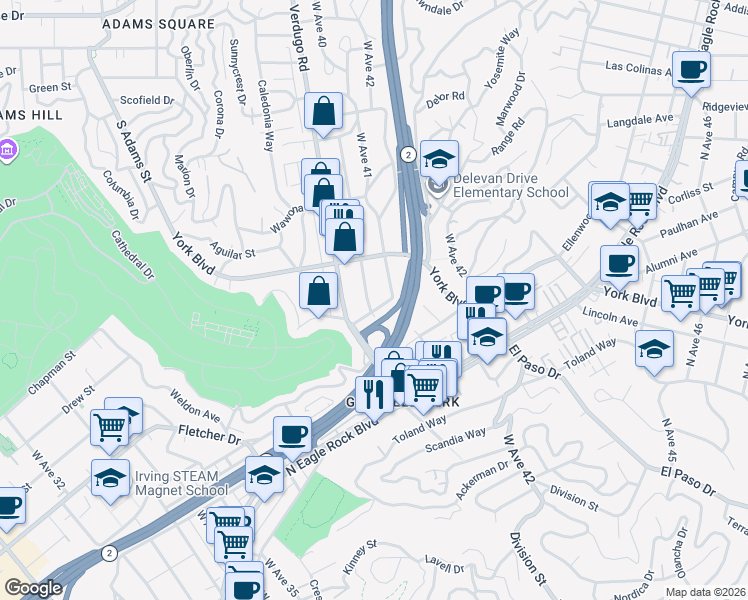 map of restaurants, bars, coffee shops, grocery stores, and more near 3025 Delevan Drive in Los Angeles