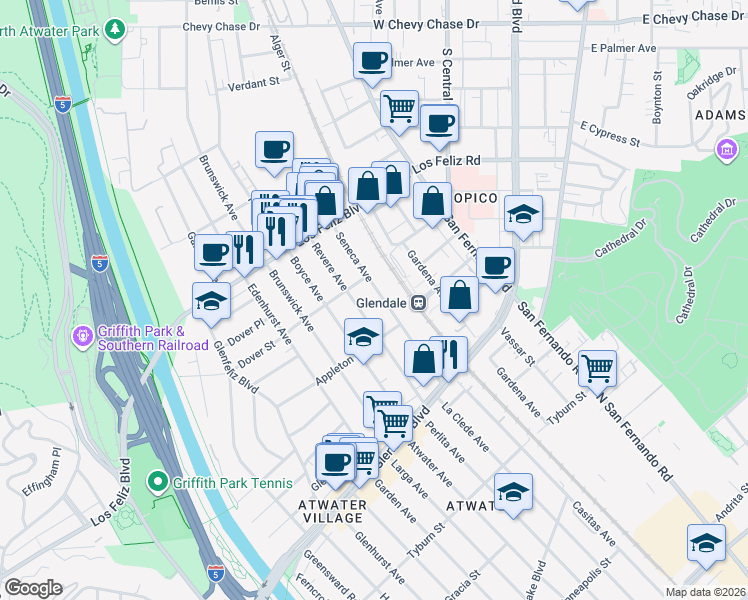 map of restaurants, bars, coffee shops, grocery stores, and more near 3849 1/2 Revere Avenue in Los Angeles