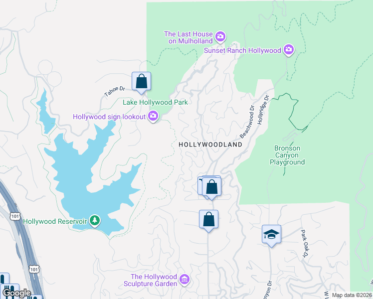 map of restaurants, bars, coffee shops, grocery stores, and more near 6459 Rodgerton Drive in Los Angeles