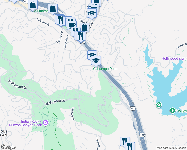 map of restaurants, bars, coffee shops, grocery stores, and more near 6849 Cahuenga Park Trail in Los Angeles