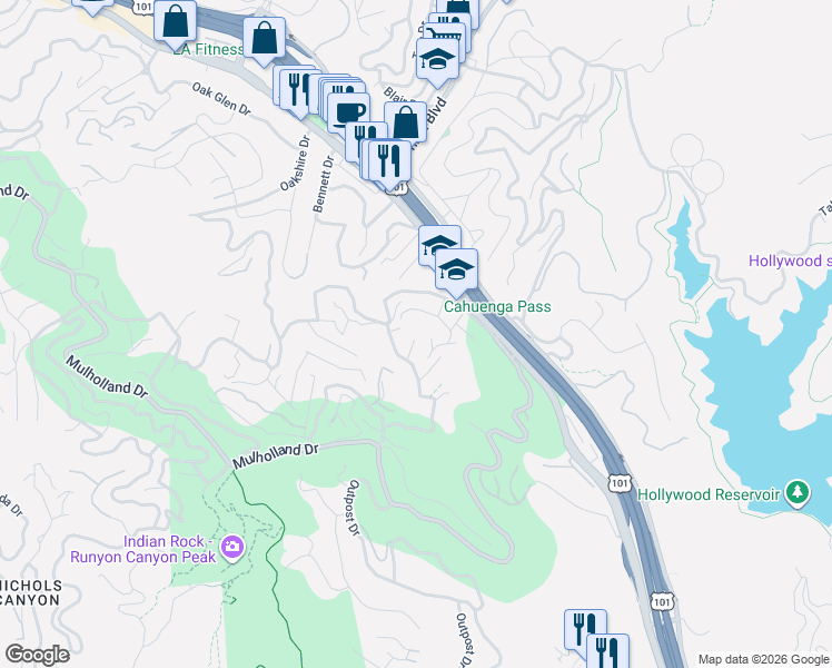 map of restaurants, bars, coffee shops, grocery stores, and more near 6849 Cahuenga Park Trail in Los Angeles