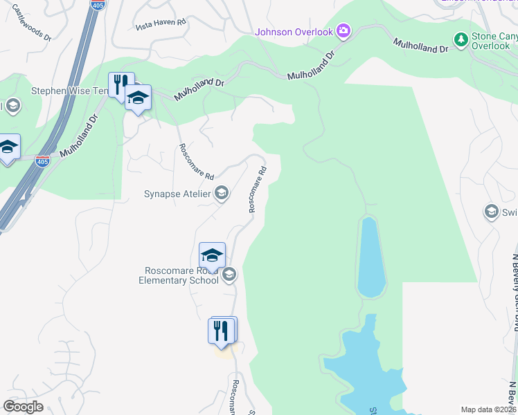 map of restaurants, bars, coffee shops, grocery stores, and more near 2532 Roscomare Road in Los Angeles