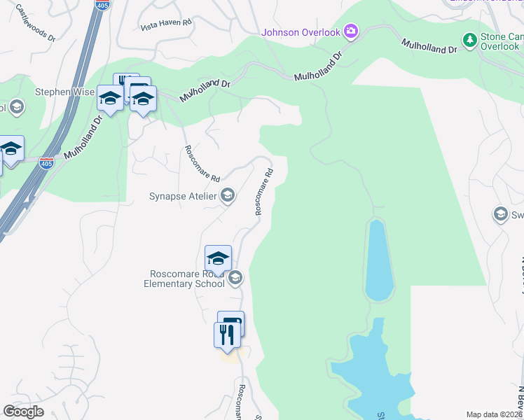 map of restaurants, bars, coffee shops, grocery stores, and more near 2532 Roscomare Road in Los Angeles