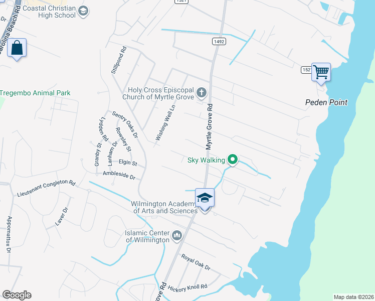 map of restaurants, bars, coffee shops, grocery stores, and more near 6008 Myrtle Grove Road in Wilmington