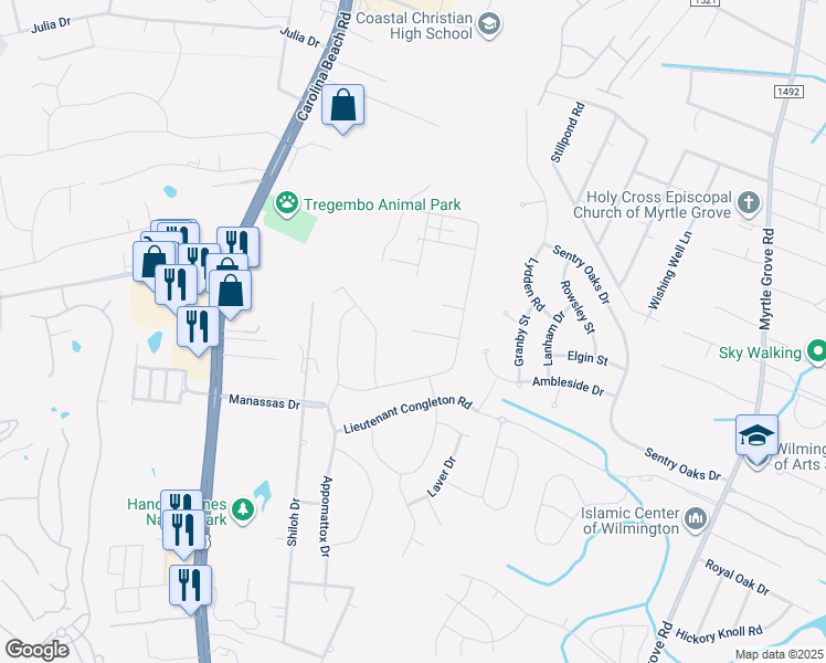 map of restaurants, bars, coffee shops, grocery stores, and more near 6108 Ambleside Drive in Wilmington