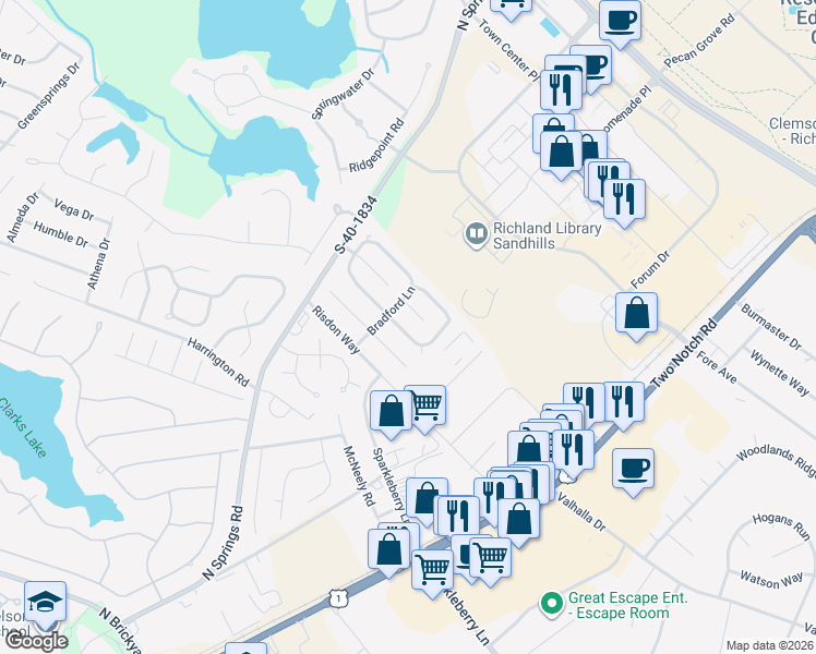 map of restaurants, bars, coffee shops, grocery stores, and more near 1008 Bradford Ridge Lane in Columbia