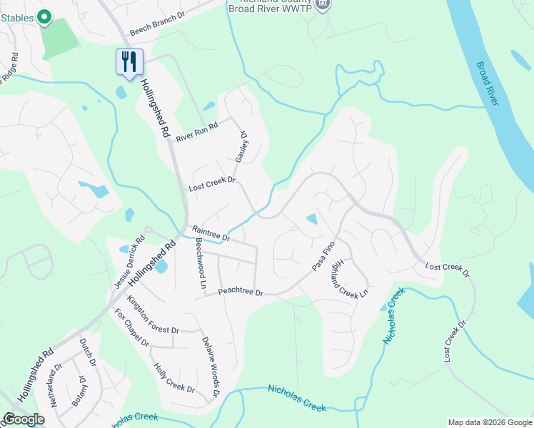 map of restaurants, bars, coffee shops, grocery stores, and more near 1617 Lost Creek Drive in Columbia