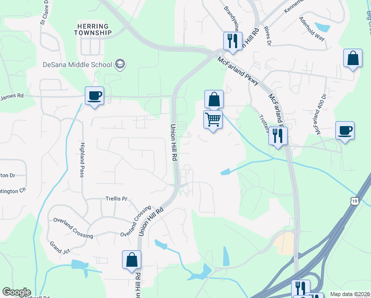 map of restaurants, bars, coffee shops, grocery stores, and more near 995 Union Hill Road in Alpharetta