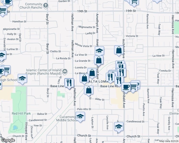 map of restaurants, bars, coffee shops, grocery stores, and more near 9438 La Mesa Drive in Rancho Cucamonga