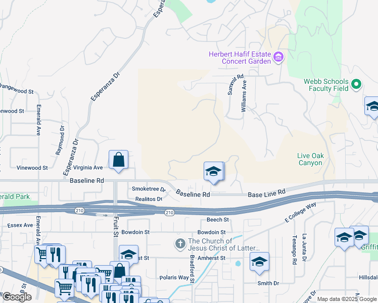 map of restaurants, bars, coffee shops, grocery stores, and more near 4485 Broken Spur Road in La Verne