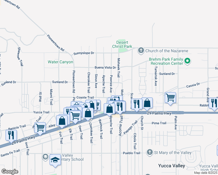 map of restaurants, bars, coffee shops, grocery stores, and more near 7134 Pawnee Avenue in Yucca Valley