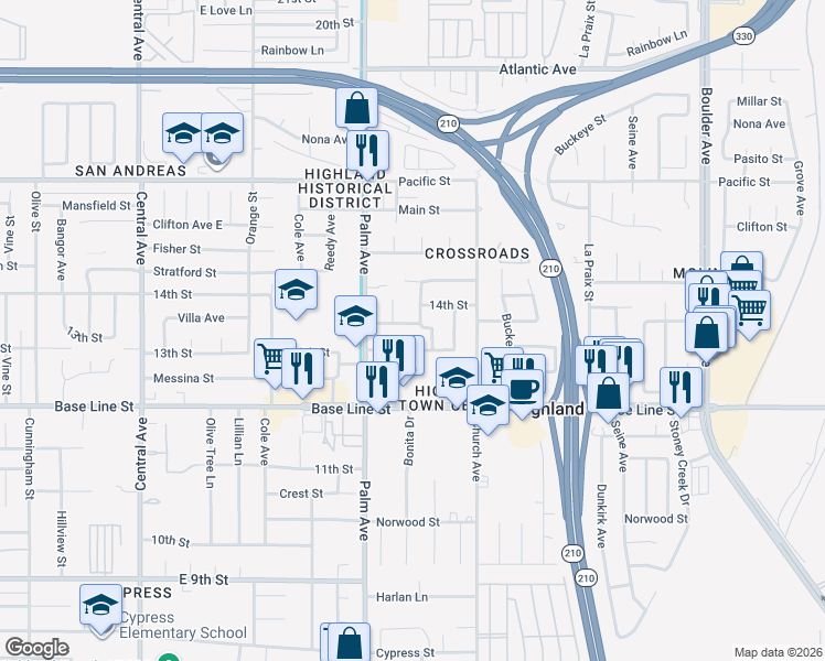 map of restaurants, bars, coffee shops, grocery stores, and more near 27389 Bessant Street in Highland