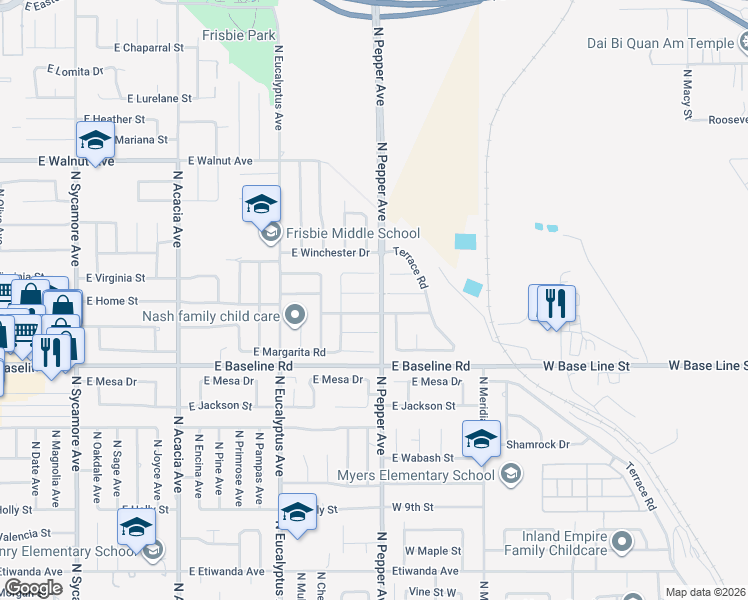 map of restaurants, bars, coffee shops, grocery stores, and more near 885 East Home Street in Rialto