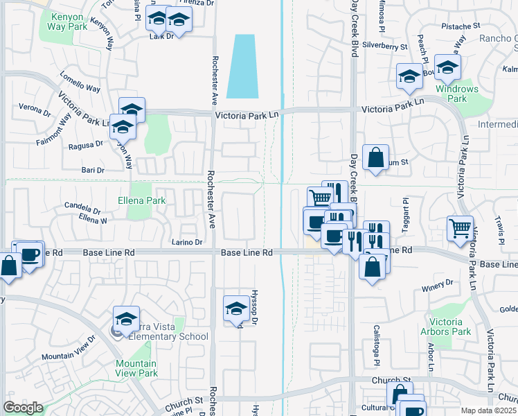map of restaurants, bars, coffee shops, grocery stores, and more near 7184 Westhaven Place in Rancho Cucamonga