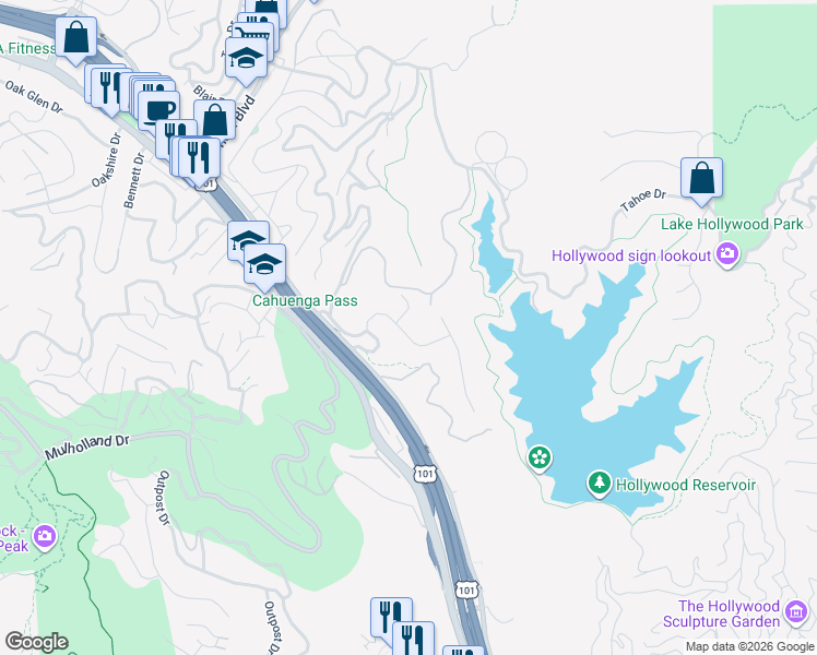 map of restaurants, bars, coffee shops, grocery stores, and more near 6570 Lakeridge Road in Los Angeles