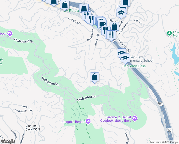 map of restaurants, bars, coffee shops, grocery stores, and more near 7260 Woodrow Wilson Drive in Los Angeles