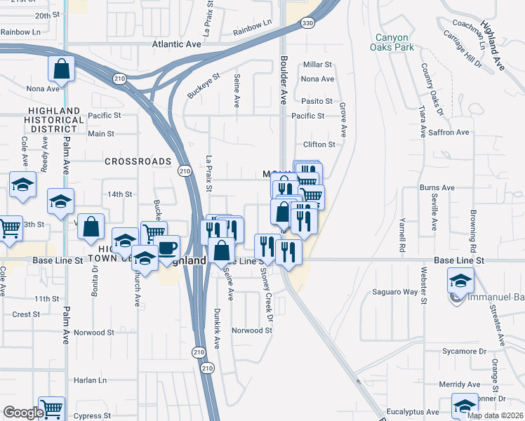 map of restaurants, bars, coffee shops, grocery stores, and more near 7165 Stoney Creek Drive in Highland
