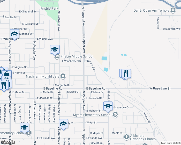 map of restaurants, bars, coffee shops, grocery stores, and more near 910 East Mariposa Drive in Rialto