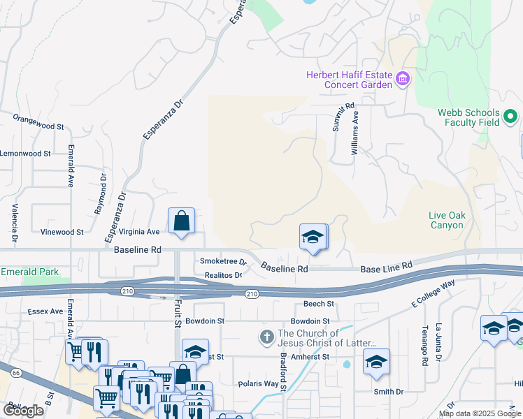 map of restaurants, bars, coffee shops, grocery stores, and more near 521 Baseline Road in La Verne