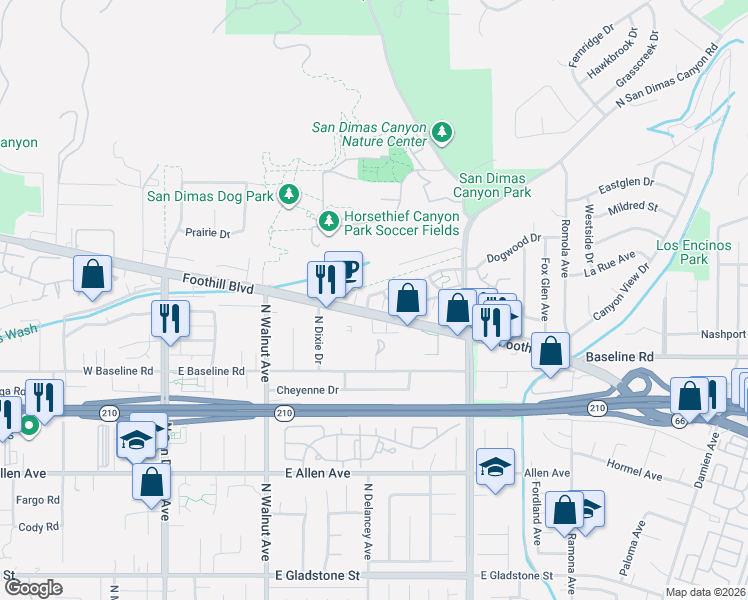 map of restaurants, bars, coffee shops, grocery stores, and more near 1209 Stone Creek Road in San Dimas