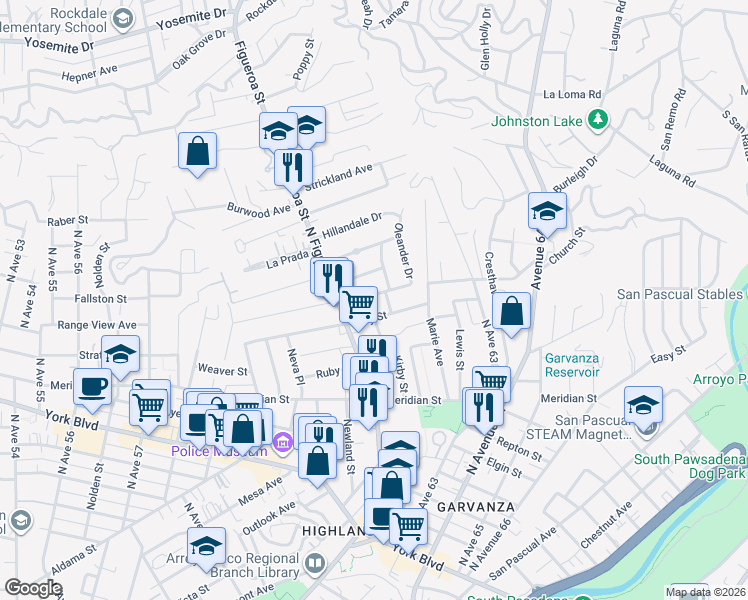 map of restaurants, bars, coffee shops, grocery stores, and more near 6187 Roy Street in Los Angeles