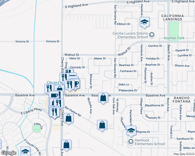 map of restaurants, bars, coffee shops, grocery stores, and more near 14768 Tennessee Court in Fontana