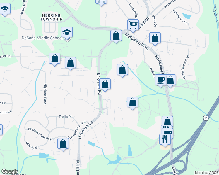 map of restaurants, bars, coffee shops, grocery stores, and more near 995 Union Hill Road in Alpharetta