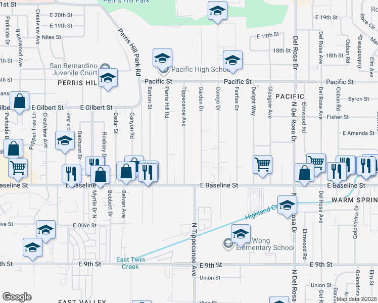 map of restaurants, bars, coffee shops, grocery stores, and more near 7161 Tippecanoe Avenue in San Bernardino