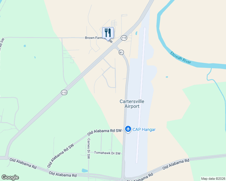 map of restaurants, bars, coffee shops, grocery stores, and more near 43 Meadowbridge Drive Southwest in Cartersville