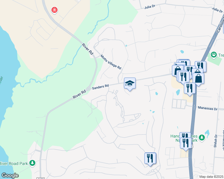 map of restaurants, bars, coffee shops, grocery stores, and more near 6105 Riverwoods Drive in Wilmington