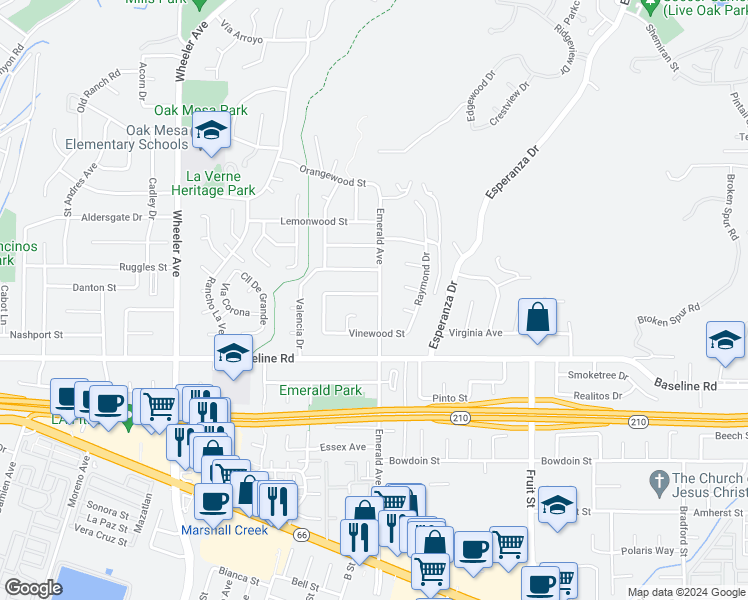 map of restaurants, bars, coffee shops, grocery stores, and more near 1968 Rosewood Street in La Verne